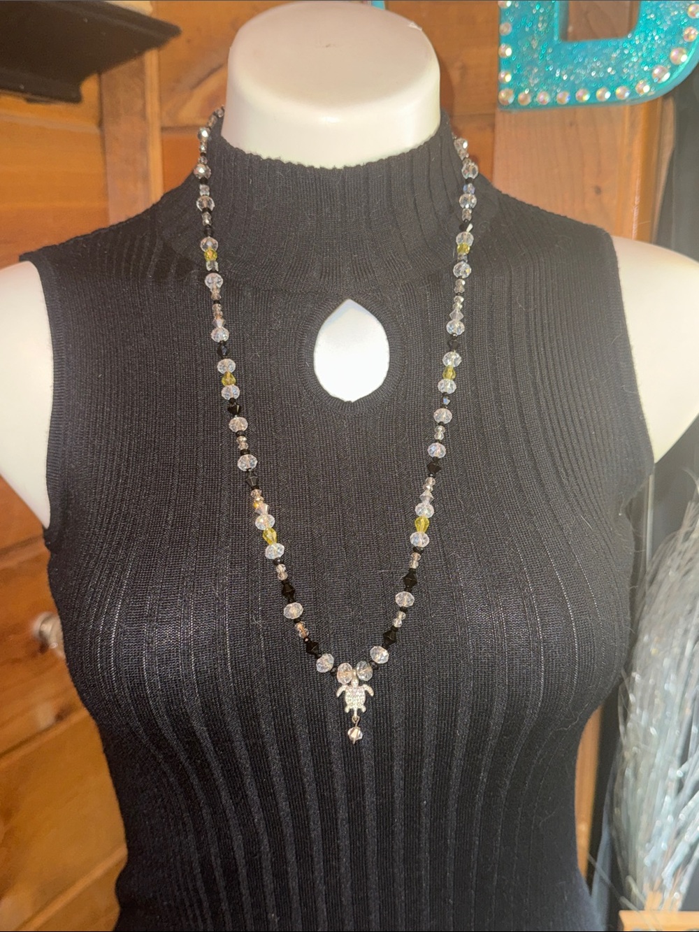 Glass Bead Pendant Necklace - Clear, Black & Yellow